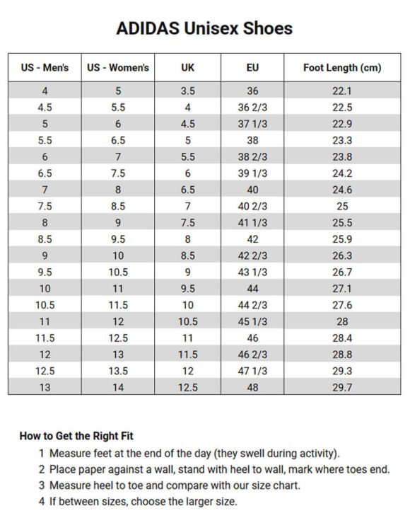 Adidas Unisex Shoes size chart