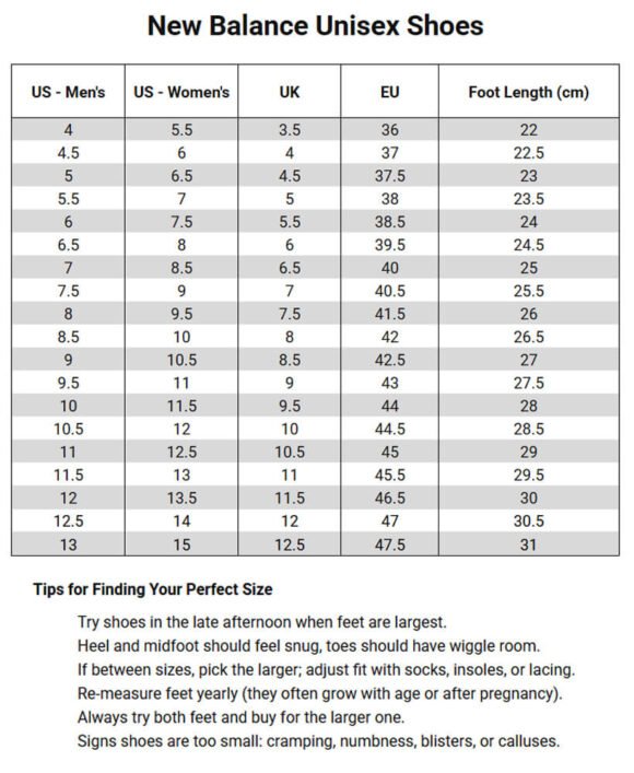 New Balance Unisex Shoes size chart