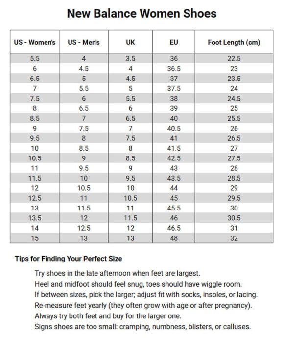 New Balance Women's Shoes size chart