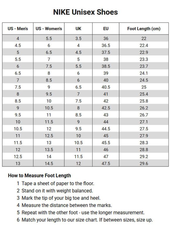 Nike Unisex Shoes size chart