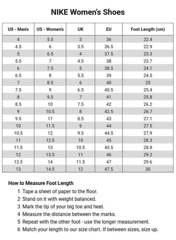 Nike Women's Shoes size chart